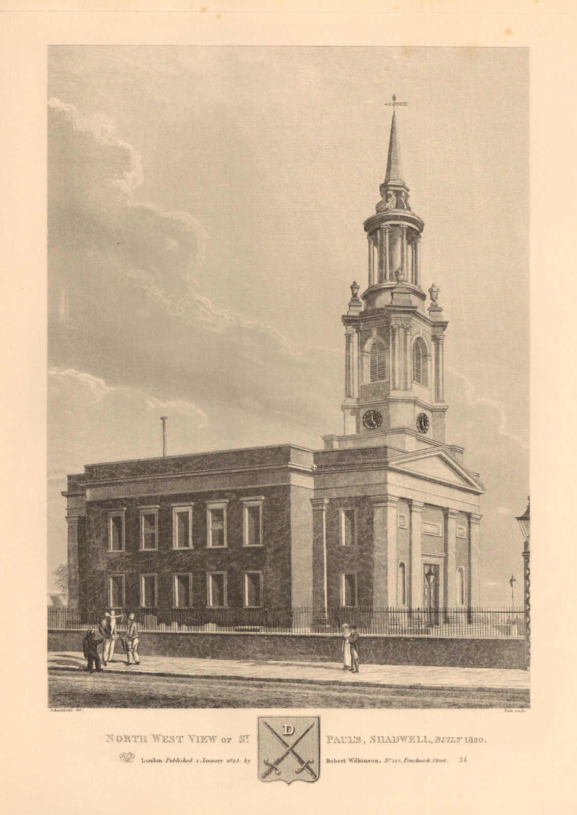 ST PAUL'S SHADWELL. North west view of the new 1820 church. London 1834 print